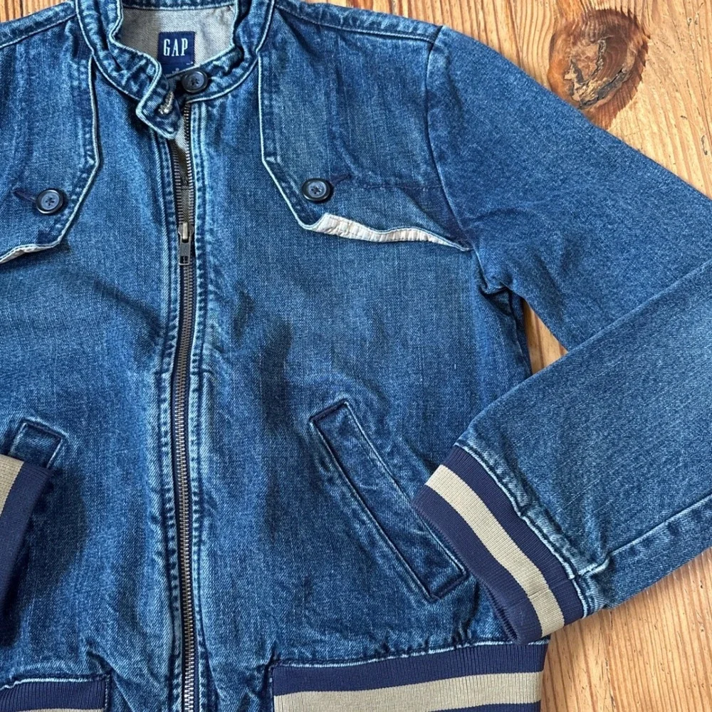 Gap Denim Bomber Jacket Kids Blue Striped Trim Varsity Mock Neck SIZE S